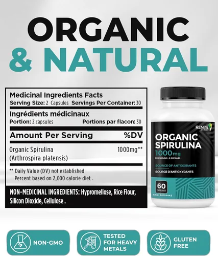 Vista 6 de Renew Actives Espirulina orgánica de 1000 mg por 2 cápsulas – Superalimento para hombres y mujeres – Apoya la energía, el bienestar y la función