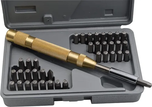 Vista 60 de Juego de 27 sellos de acero resistente con letras mayúsculas de 3/64" 1mm, kit de punzones de alfabeto para estampado a mano de caracteres, código
