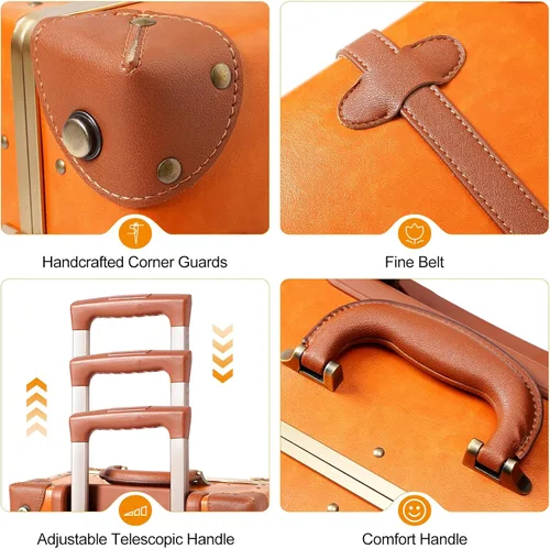 Vista 8 de urecity Juego de 2 maletas vintage, maleta retro con ruedas para hombres y mujeres, lindo juego de equipaje de viaje de diseñador con bolsa