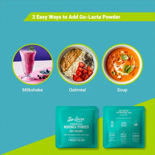 Vista 4 de Go-Lacta® Super Polvo de Moringa: ¡Aumenta la leche materna naturalmente! 30 sobres de 3 g de Moringa orgánica pura - Perfecto para mamás, 100%