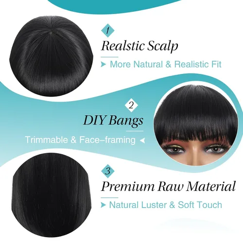 Vista 4 de Kalyss - Pelucas cortas de cabello negro con flequillo para mujer, peluca de cabello sintético completo, resistente al calor, peluca corta y recta