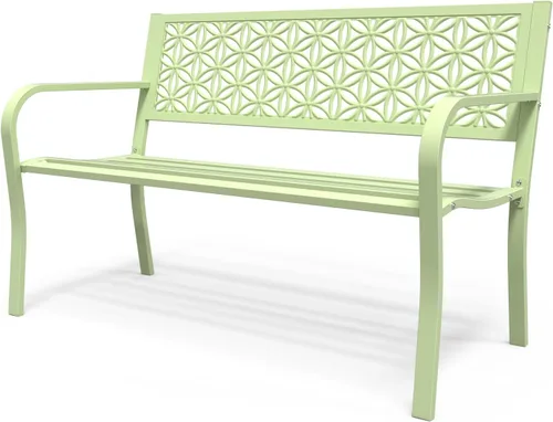 Vista 14 de VINGLI Banco de metal para exteriores de 50 pulgadas con respaldo floral, banco de jardín delantero para patio, entrada, parque exterior, capacidad