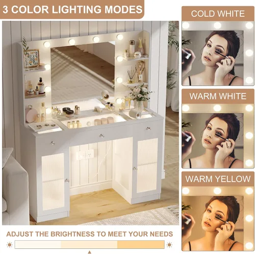 Vista 7 de IFSEB Tocador de maquillaje con parte superior de cristal, escritorio blanco con espejo y luces, tocador grande con cajones y armarios
