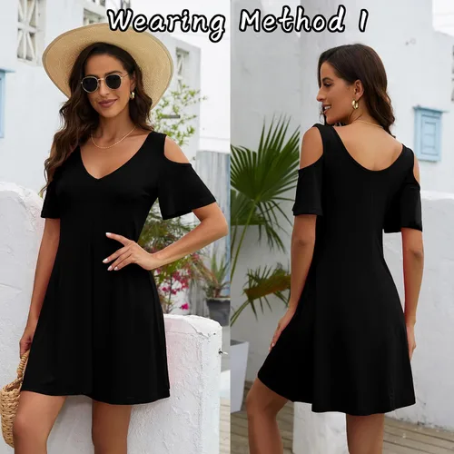 Vista 3 de Vestido sin mangas de manga corta con cuello redondo y hombros descubiertos para mujer