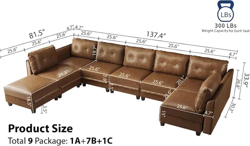 Vista 10 de LLAPPUIL - Sofá seccional modular con almacenamiento, sofá en forma de U para sala de estar, impermeable y fácil de limpiar, 7 asientos con otomana