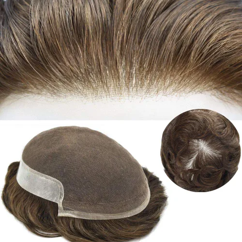 Vista 46 de Tupé de encaje suizo para hombres, piezas de cabello humano real, encaje frontal, sistema de reemplazo de cabello tipo tupé, nudo blanqueado, línea