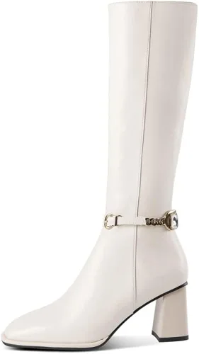 Vista 2 de TinaCus Botas altas hasta la rodilla de piel auténtica para mujer, con cierre de cadena, desmontables, con puntera cuadrada