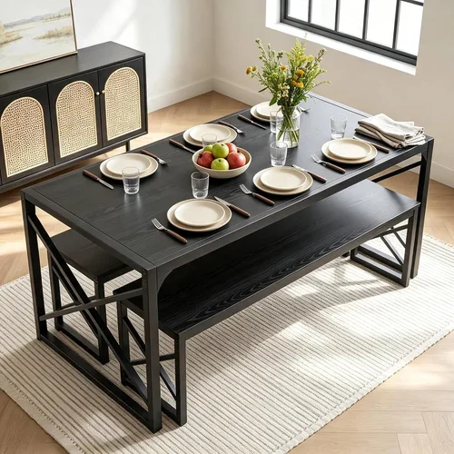 Vista 3 de VECELO Juego de mesa de comedor de cocina de 55 pulgadas para 4, marco de acero resistente y mesa de grano de madera, juegos de comedor que ahorran