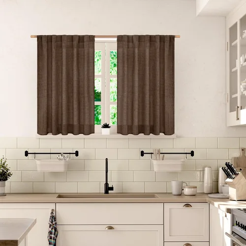 Vista 2 de BGment Cortinas cortas de lino marrón de 36 pulgadas de largo para ventanas, pequeñas cortinas de gasa semitransparentes para cocina, cafetería