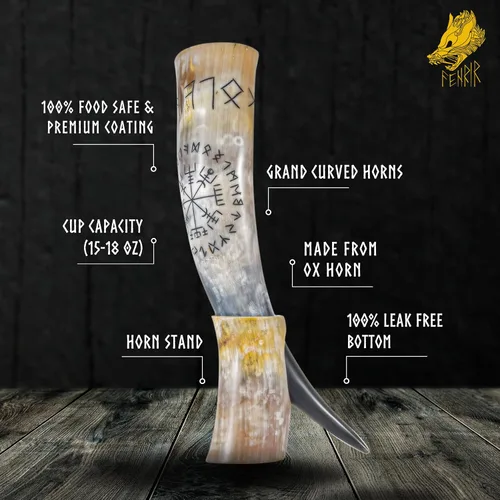 Vista 3 de FENRIR Cuerno vikingo para beber de 16 oz con soporte y abridor para cerveza, ale, mead, regalo para hombres y mujeres 100% auténtico hecho a mano