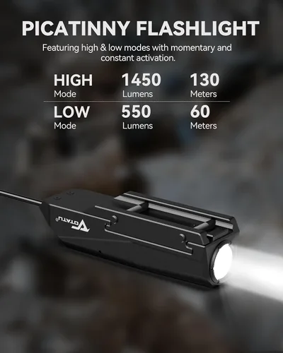 Vista 5 de VOTATU PL50S - Luz de arma de 1450 lúmenes con interruptor de presión, linterna Picatinny recargable para rifle, USB magnético recargable, modos