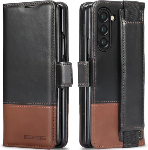 Vista 10 de KEZiHOME Funda tipo cartera de piel auténtica para Samsung Galaxy Z Fold 6 Negro