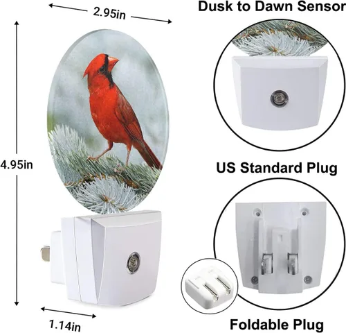 Vista 6 de Luz nocturna cardenal, pájaro rojo del norte en rama de árbol, luz nocturna LED para encendido/apagado automático para pasillo, escalera, cocina