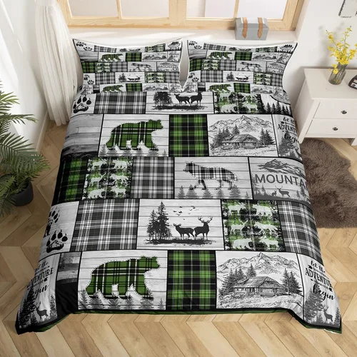 Vista 45 de Funda de edredón de cabaña marrón retro, juego de ropa de cama de retazos con diseño de oso del bosque, ciervos para cabaña rústica, funda de Multi