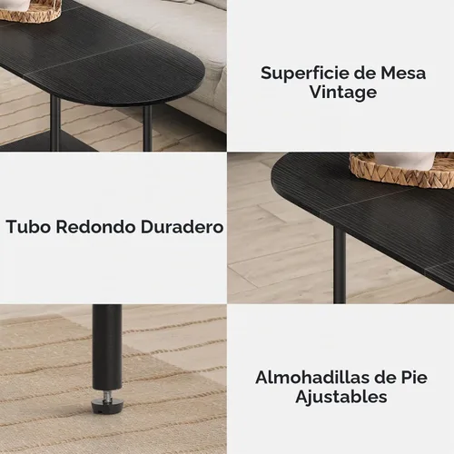 Vista 5 de Mesas de café negras para sala de estar, mesa de centro oval pequeña de mediados de siglo con estante de almacenamiento y tablero de madera, mesa