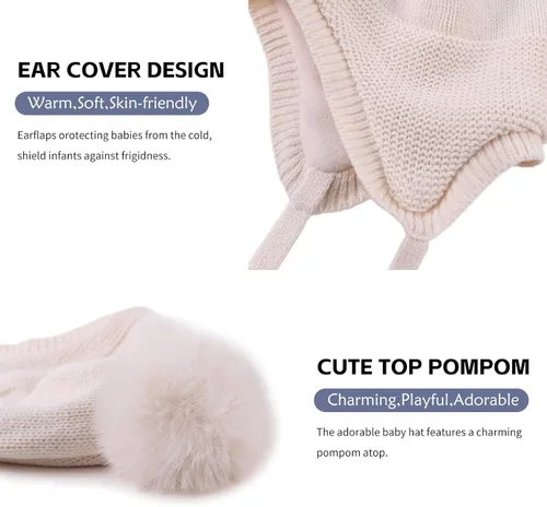 Vista 4 de JANGANNSA Básico invierno bebé niños Beanie guantes de punto niñas sombrero con pompón orejeras forro polar cálido niños sombreros mitones