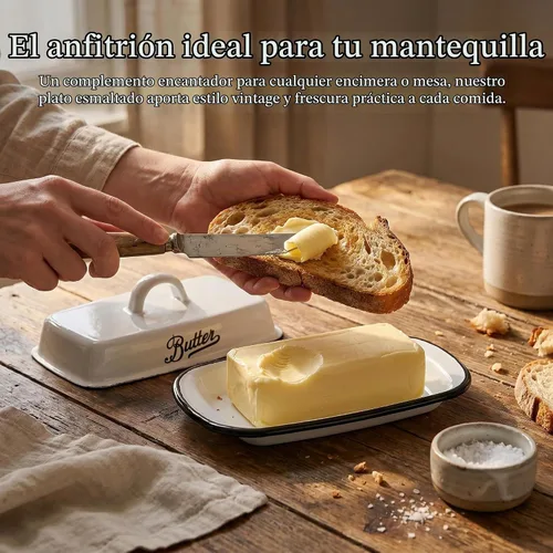 Vista 6 de Mantequillera esmaltada con tapa, bandeja de mantequilla blanca esmaltada vintage, soporte para mantequillas de borde negro, recipiente