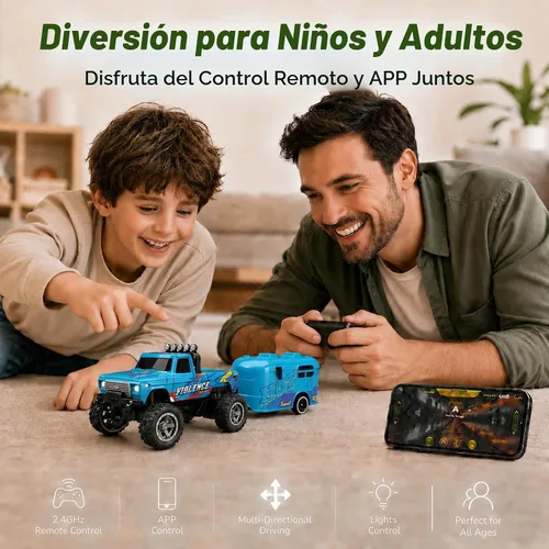 Vista 8 de Mini camión monstruo de control remoto a escala 1:64 con remolque 2.4 GHz y control dual de aplicación, mini auto RC de aleación con luces LED Azul