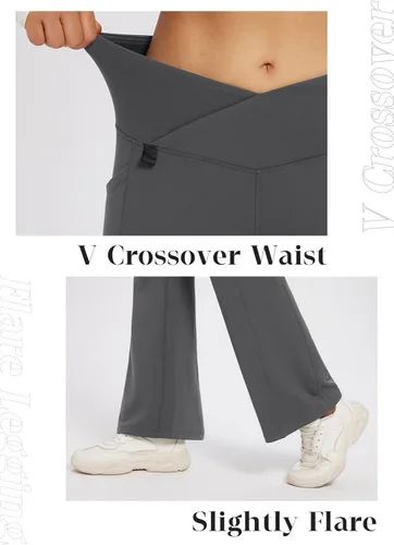 Vista 3 de BALEAF Pantalones forrados de vellón para mujer, para invierno, térmicos, resistentes al agua, estilo leggings, cruzados, acampanados, cálidos