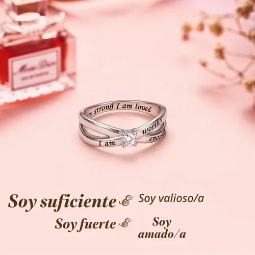 Vista 5 de DAOCHONG Anillo de Plata de Ley 925 "Soy Suficiente, Soy Digna, Soy Fuerte, Soy Amada" para Mujeres