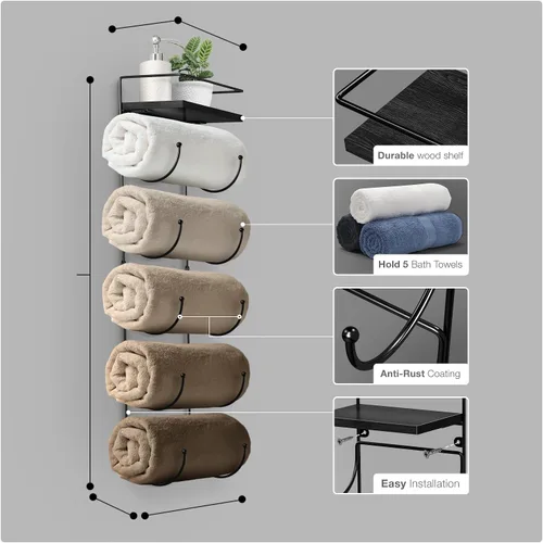 Vista 4 de Sorbus Toallero de baño – Toallero de metal de 5 niveles con estante de madera para toallas de baño enrolladas, toallas de baño, ropa de cama