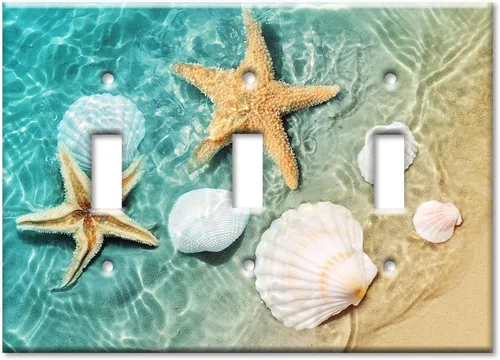 Vista 17 de Art Plates - Placa de interruptor de combinación de dos bandas - Toma de corriente - Palanca - Conchas de mar y peces estrella en piscina de mareas