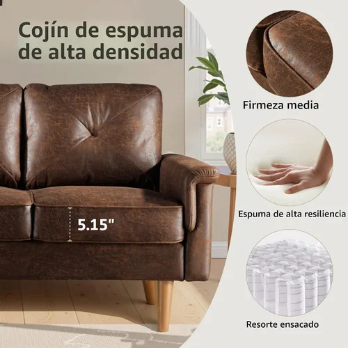 Vista 4 de ovios Sofá de lujo de 3 plazas con piel sintética, moderno sofá de mediados de siglo con cómodos reposabrazos, cómodos sofás con asiento profundo