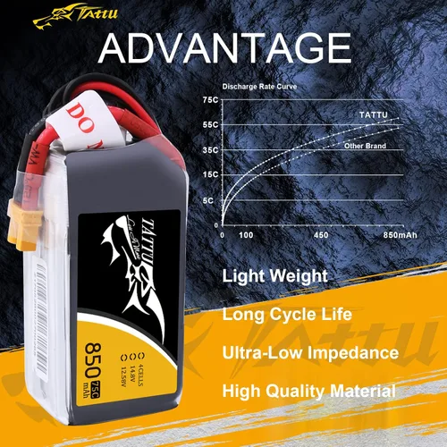 Vista 4 de Tattu Paquete de batería LiPo de 14.8V 4S 75C 850mAh con enchufe XT30 para multirotor FPV de tamaño 100 a 180 Owl Racing Quadcopter