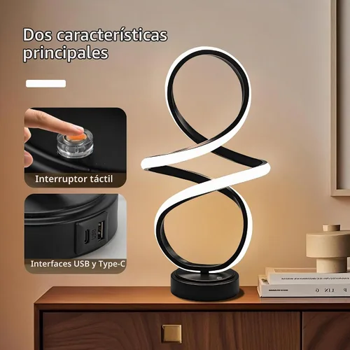Vista 9 de Lámpara de mesa pequeña moderna con diseño espiral LED, lámpara de mesita NEGRO MATE