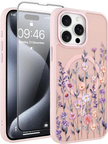 Vista 141 de Magnético para iPhone 13 con protector de pantalla [Compatible con MagSafe] Diseño de patrón floral de flores bonitas, funda delgada a prueba