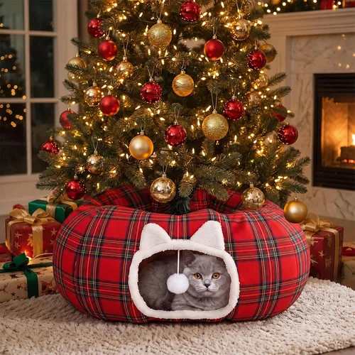 Vista 7 de Falda de árbol de Navidad con diseño de túnel de gato, cama a cuadros con Rojo
