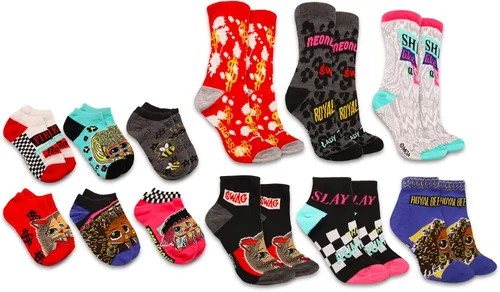 Vista 2 de LOL Surprise - Juego de regalo de calcetines para niñas, paquete con 12 pares de calcetines LOL OMG para niñas, tallas 6-8 Plus, calcomanías
