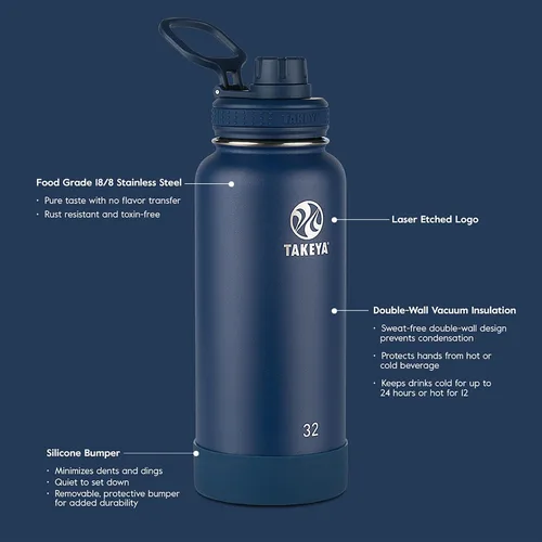Vista 35 de Takeya Actives Botella de Agua con Tapa de Boquilla, Botella con Doble Aislamiento de Acero Inoxidable, Apta para Lavavajillas y Sin BPA, Botella
