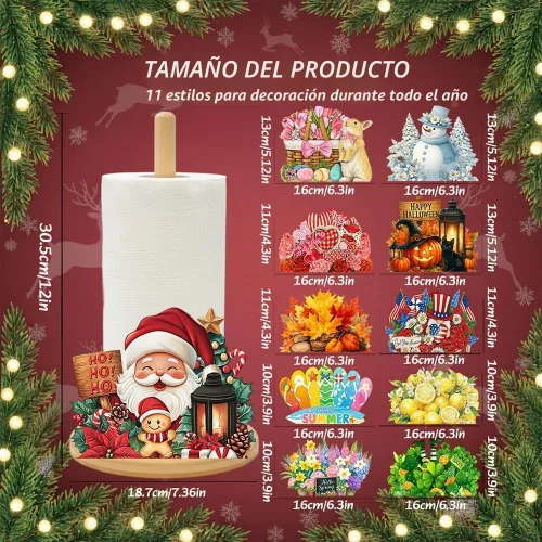 Vista 4 de Portarrollos de Papel de Bambú con Conjunto de 11 Letreros Intercambiables de Días Festivos, Decoración Rústica de Cocina Soporte de Encimera