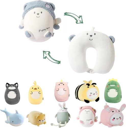 Vista 11 de Almohada de viaje para niños, almohada de cuello deformable 2 en 1 para niños, almohada suave en forma de U con adorable diseño de animales, cómodo