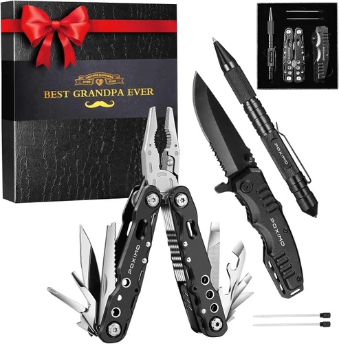 Vista 14 de Juego de regalo multiherramienta para hombres, para papá, él, kit de supervivencia EDC 3 en 1 con alicates múltiples 14 en 1, cuchillo de bolsillo