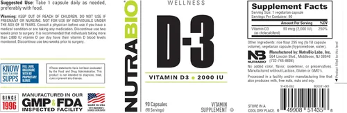 Vista 3 de NutraBio Vitamina D (2000 UI), apoyo inmunológico - 90 cápsulas vegetales