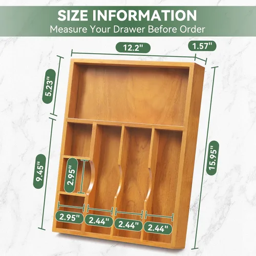 Vista 2 de Teak Silverware Organizer For Drawer, Flatware Silverware Storage Tray