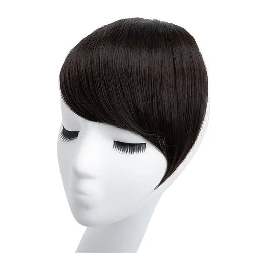 Vista 2 de SARLA Flequillo lateral negro marrón con clip en piezas de cabello sintético, extensión de flequillo recto para mujeres