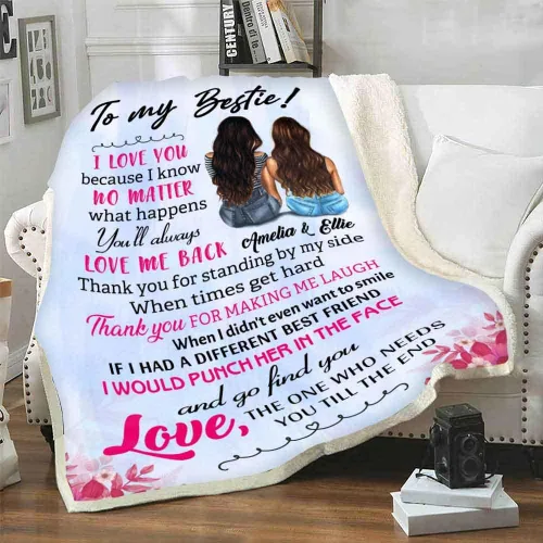 Vista 4 de Manta con nombre personalizado con texto en inglés "I Love You My Bestie" para mejor amiga, hermana del alma, día de la amistad, Navidad, Acción