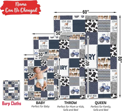 Vista 9 de Manta de bebé personalizada con estampado de vaca, manta de sherpa azul con nombre, diseño de animales de granja