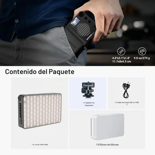Vista 9 de NEEWER BASICS BS40C Full RGB Luz de Video Magnética para Cámara, Modo Boost de 45W, Panel LED Pequeño de Iluminación 4800lx/0.5m CRI95+ 2500-10000K