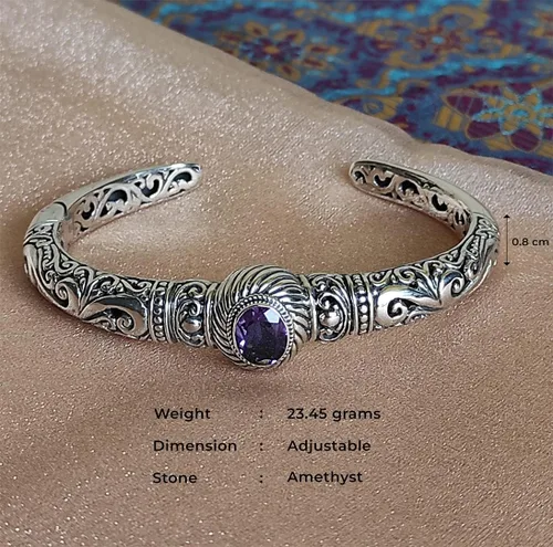 Vista 5 de Pulsera de plata de ley étnica de Bali con piedra de amatista B1, Plata de ley Plata, Amatista