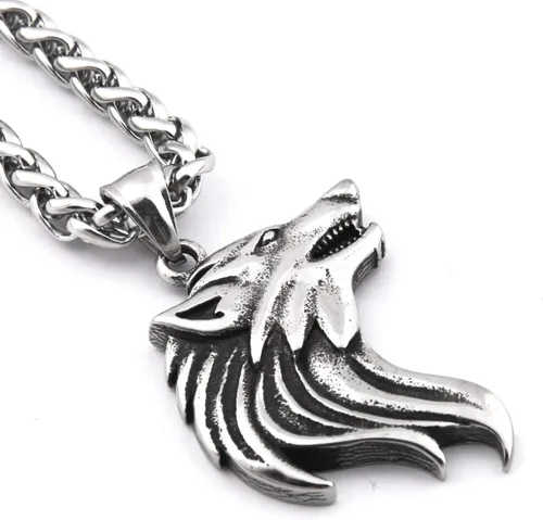 Vista 2 de Colgante de lobo Fenrir vikingo, regalo para hombres y mujeres, cadena de acero inoxidable, amuleto de plata potente talismán