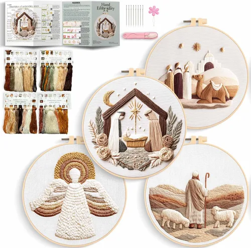 Vista 9 de REEWISLY Kit de bordado navideño para adultos principiantes, 4 belenes con 2 aros, kits de punto de cruz contado con hilo dental y agujas, kit