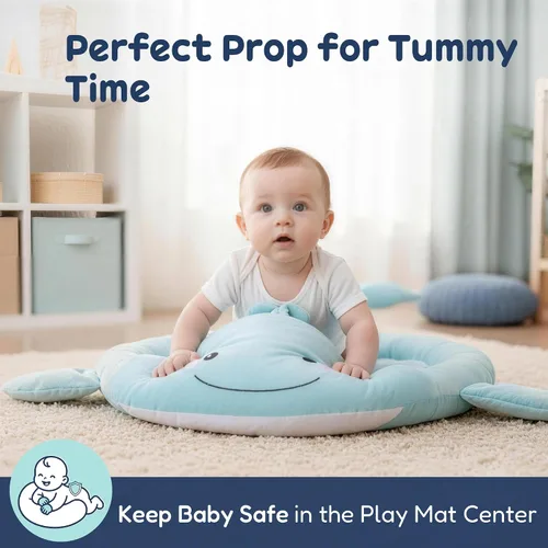 Vista 4 de Tapete de Juego para Bebé, Tapete de Tiempo Boca Abajo de Ballena con Juguetes, Gimnasio de Actividades para Bebés de 0–12 Meses – Tapete Sensorial