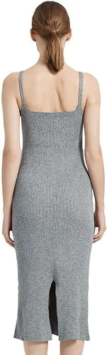 Vista 4 de RZIV Vestido de suéter sin mangas para mujer, de punto, delgado, con cuello en V, ajustado, elástico, ajustado