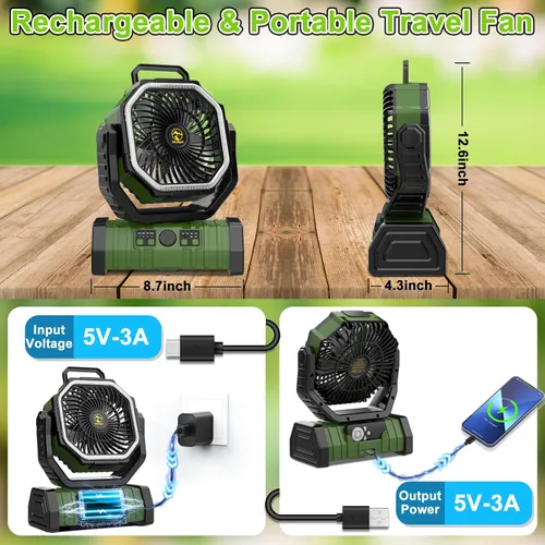Vista 7 de Ventilador de campamento recargable de 20000 mAh, ventilador portátil oscilante automático para acampar con control remoto y linterna LED