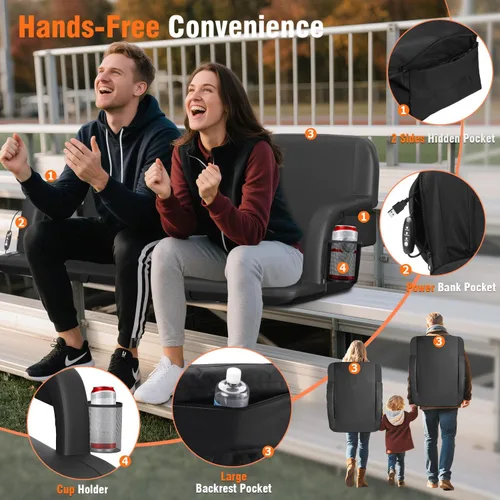 Vista 5 de Suteck Dual-Side Heated Stadium Seats with Back Support, Wide Portable Stadium Chair, Foldable Bleacher Chair W/USB 3-Level Heating, 5 Storage
