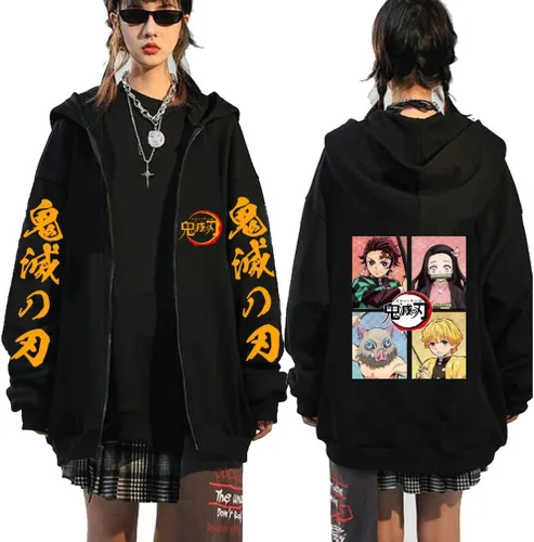Vista 8 de Symish Anime - Sudadera con capucha y cremallera de anime Tanjirou Nezuko Anime Cosplay con cremallera para unisex